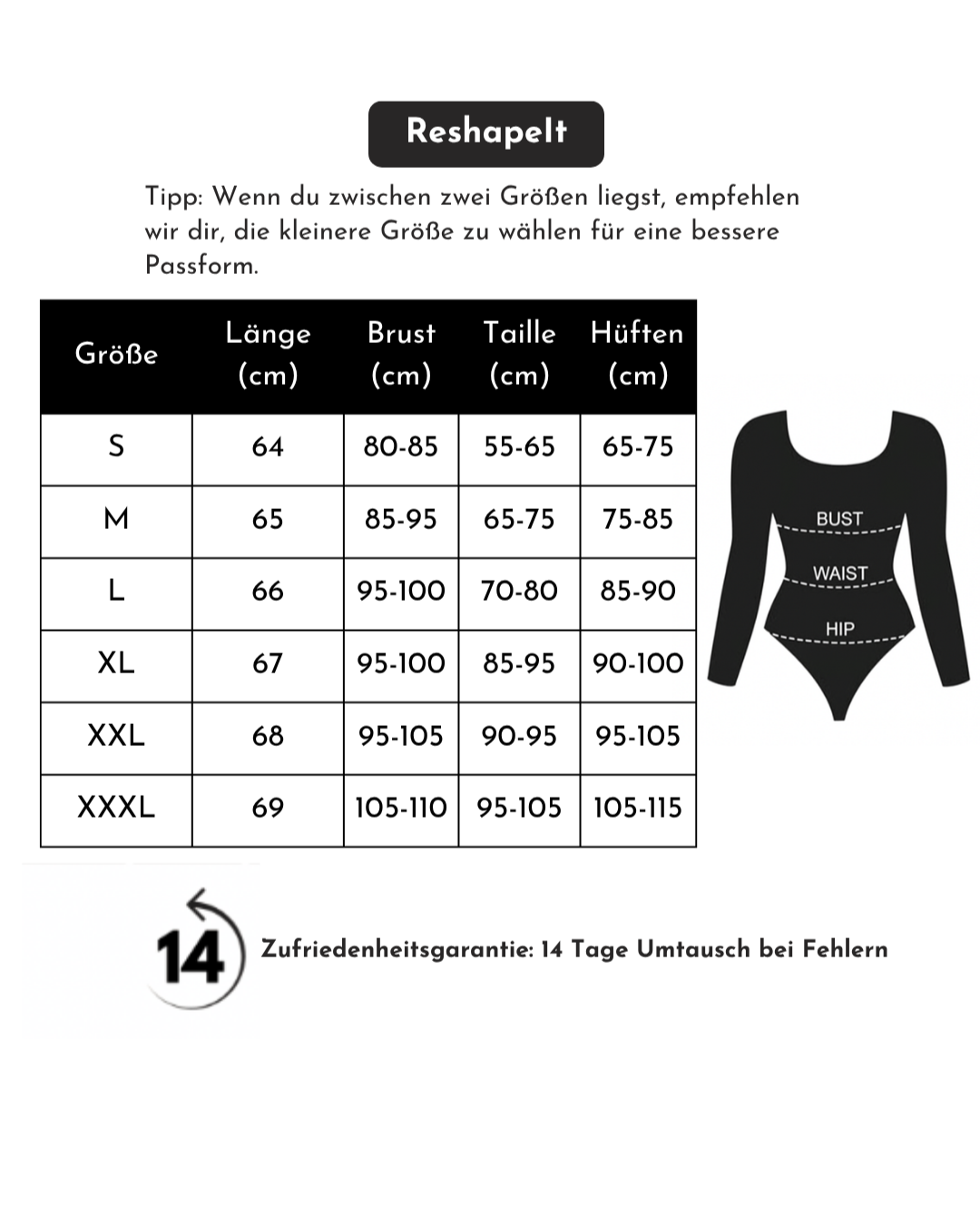 ReshapeIt™ Bodysuit Long Sleeve – Perfekte Passform für Taille und Bauch (Schwarz)