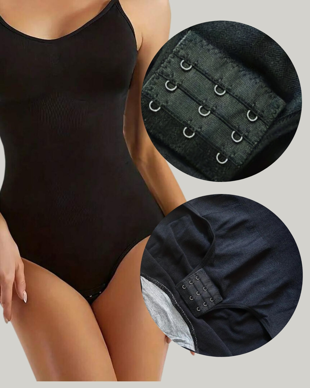 Frau trägt schwarzen Shapewear Body - Po-Effekt und Bauchweg